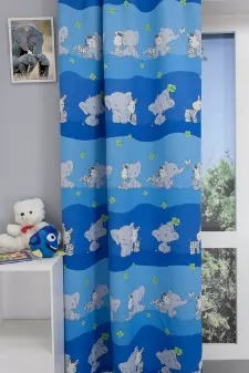 Friends kék-sötétkék nyomott mintás gyerekszobai dimout sötétítő függöny egyedi méretre varrva