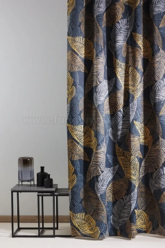 Samoa-sötétszürke alapon nagy levélmintás dimout sötétítő függöny egyedi méretre varrva