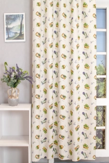 Celtic cart - bézs-zöld-lila színű, dekor és abrosz anyag sötétítő kevert vászon függöny, levendula mintával, közepesen vastag egyedi méretre varrva