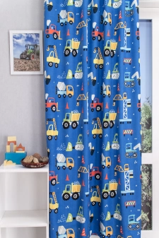 Dusty - Kék alapon munkagép mintás gyerekszobai sötétítő függöny egyedi méretre varrva