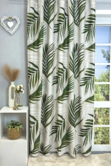 Sapporo - Zöld-bézs színű, páfrány levélmintás, egyoldalon nyomott dimout függöny egyedi méretre varrva