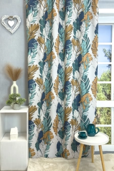 Tahiti - Türkiz-barna tollpihe mintás, egyoldalon nyomott dimout függöny egyedi méretre varrva