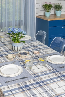 Larson - Kék-drapp kockás víztaszító dekor és abrosz anyag egyedi méretre varrva
