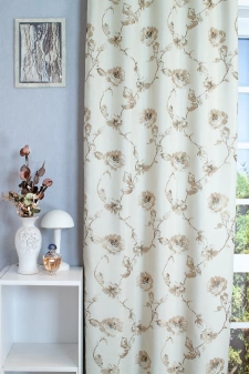 Kétoldalas világos barna színű virágmintás dekor függöny egyedi méretre varrva