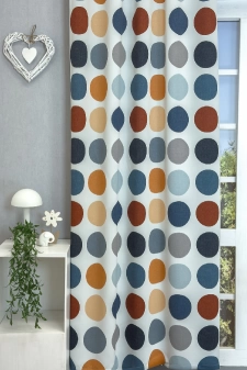 Dotty  - Kék és rozsdabarna színű  kör mintás dimout egyedi méretre varrva