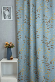 Bolton- Kék-barna színű levélmintás dimout függöny egyedi méretre varrva