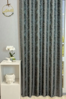 Tampere - Türkiz-grafit színű szórt mintás, szaténfényű, jacquard szövött dekorfüggöny egyedi méretre varrva