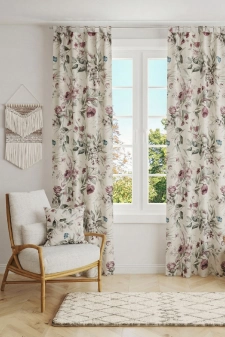 Wilton - Bézs alapon lila virágmintás rusztikus vászon dekor függöny és abrosz anyag egyedi méretre varrva