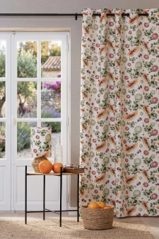 Papaya - Homokszínű alapon színes mediterrán gyümölcsmintás vászon dekor és abrosz anyag  egyedi méretre varrva