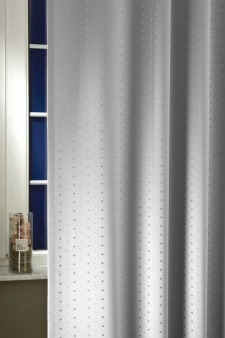Ezüst színű, pöttyös, teflonos sötétítő függöny, abrosznak is alkalmas egyedi méretre varrva