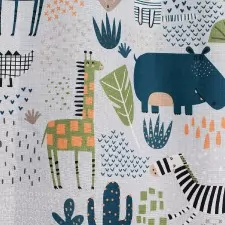 Hippo - halványkék alapon nyomott állatmintás gyerekszobai dimout függöny egyedi méretre varrva
