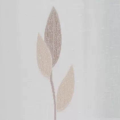 Bonita – Fehér tetra sablet függöny, nyírt, bézs, levél mintával, ólomzsinórral egyedi méretre varrva