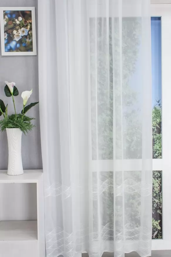 Fehér, hullám mintás, hímzett, bordűrös, sablet függöny 61136/180-101