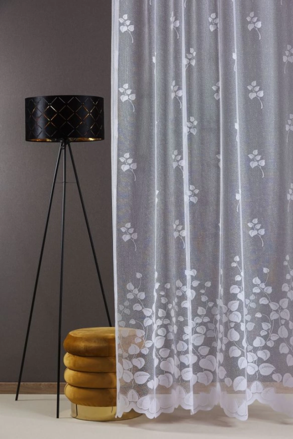 Bordűrös levélmintás fehér jacquard függöny 1010060438