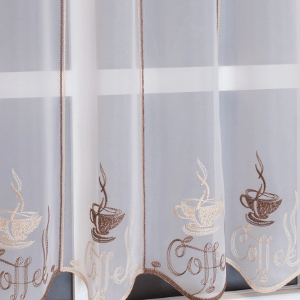 Calabria-Fehér alapon,hímzett,barna kávémintás voile vitrázs egyedi méretre varrva