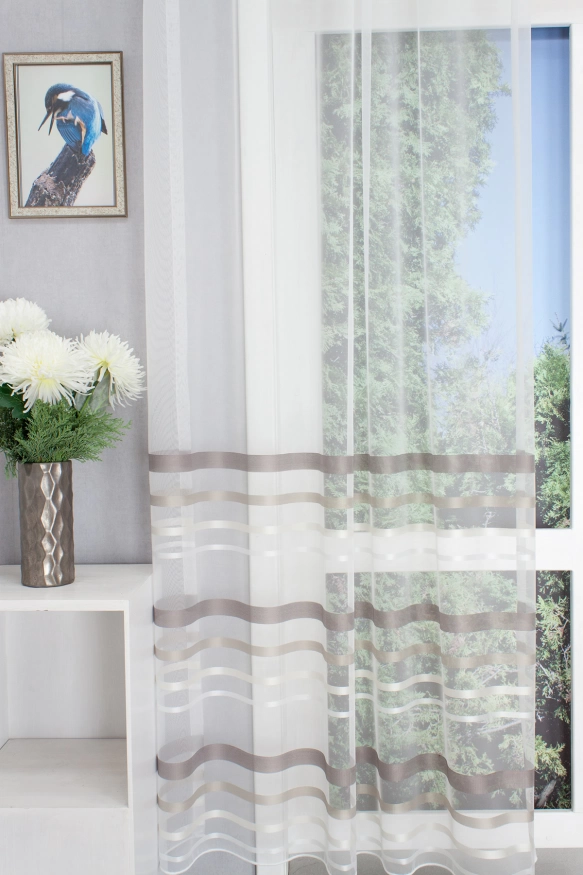 Zille - Fehér, bézs, barna csíkos dreher sablet függöny, ólomzsinóros. 1010050046
