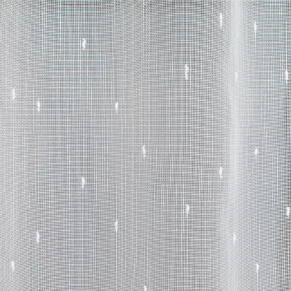 Fehér színű, vasaláskönnyített fényáteresztő sablé függöny, szálbeszövéses mintával egyedi méretre varrva