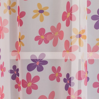 Rózsaszín-fehér-sárga színű, vidám tavaszi fényáteresztő voile függöny, nyomott virág mintával egyedi méretre varrva
