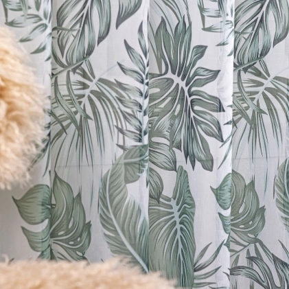 Fiona - Fehér alapon zöld pálmalevél mintás, szálebszövéses sablé függöny egyedi méretre varrva