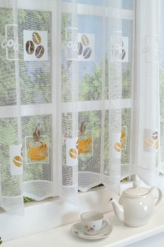 Kávéházi jacquard vitrázs függöny egyedi méretre varrva
