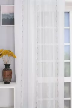 Pesaro - Himzett fehér-barna hullám mintás voile függöny, ólomzsinóros egyedi méretre varrva