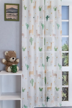 Láma mintás narancs- barna-zöld fényáteresztő tetrasablet gyerekszobai függöny, ólomzsinóros egyedi méretre varrva