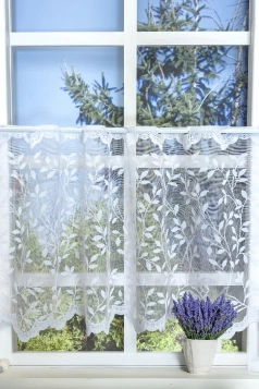 Amira - Fehér színű levélmintás jaquard vitrázs függöny jacquard függöny egyedi méretre varrva