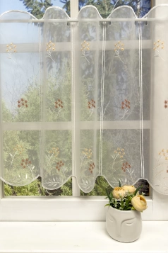 Fontana - Narancs-mályva színű voile vitrázs függöny, hímzett virág mintával egyedi méretre varrva