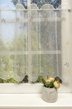 Fontana - Szürke-sárga színű voile vitrázs függöny, hímzett virág mintával egyedi méretre varrva