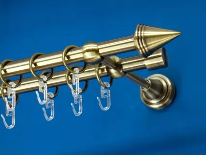 Fém függönykarnis-garnitúra, kúp végzáróval, kétsoros, antik arany, 140&nbsp;cm, átm. 16 mm