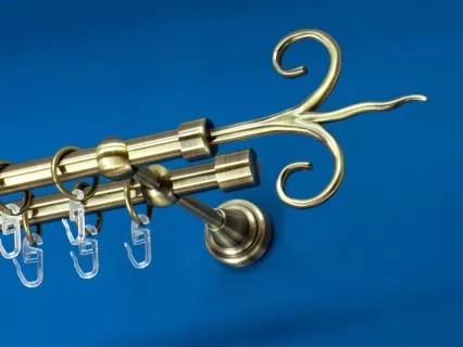 Fém függönykarnis-garnitúra, poszeidon végzáróval, kétsoros, antik arany, 120&nbsp;cm, átm. 16 mm