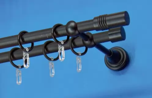 Fém függönykarnis-garnitúra, henger végzáróval, kétsoros, fekete, 160&nbsp;cm, átm. 16 mm