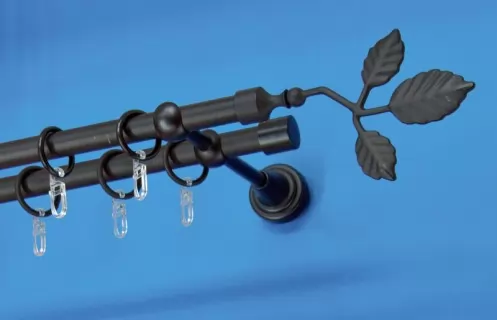 Fém függönykarnis-garnitúra, Ág végzáróval, kétsoros, fekete, 160&nbsp;cm, átm. 16 mm