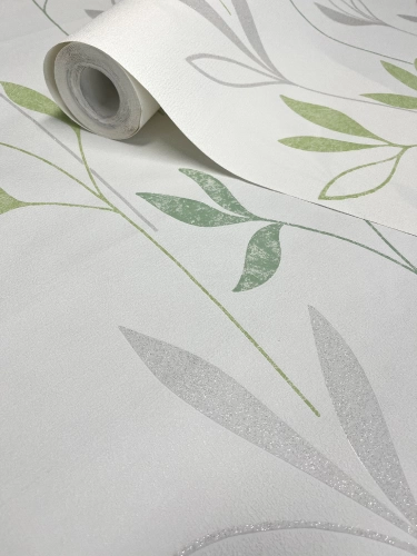 Tört fehér alapon zöld leveles vlies tapéta, Rasch 735413