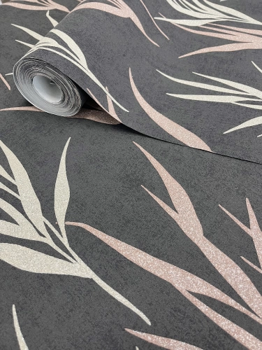 Sötétszürke alapon krém színű növénymintás vlies tapéta, Rasch 541946