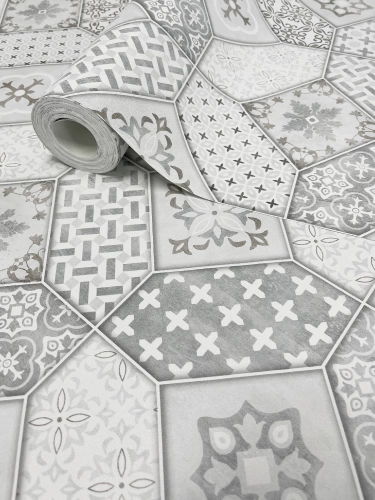 Szürke, csempemintás geometrikus vlies-vinyl tapéta, Erismann 6315-10